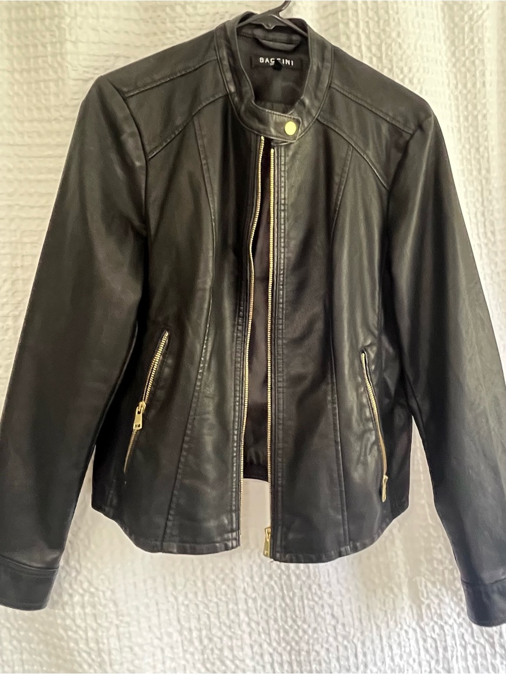Baccini Black Faux Leather Jacket with Gold Zippers